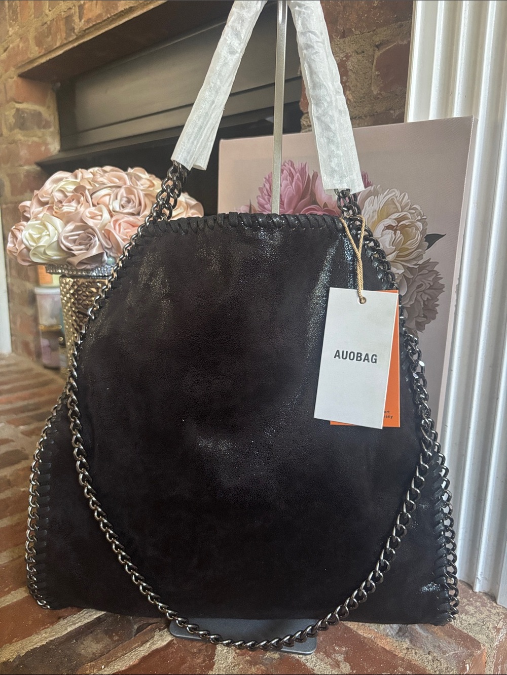 Auobag Women's Black Tote w/Gunmetal Chain-Trim Tote